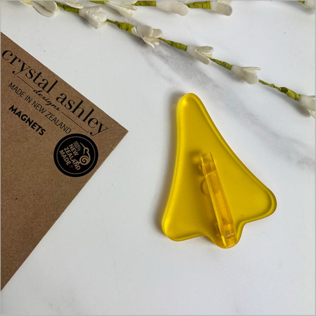 Vibrant yellow jet plane fridge magnet made of satin acrylic, measuring 90mm x 63mm, perfect for brightening up spaces.