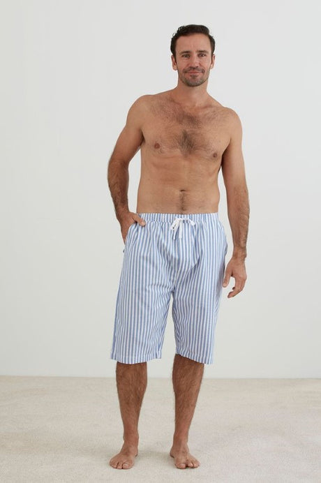 Blue and white striped Large Harry Shorts from BAKSANA with elasticated waistband and side pockets, made from 100% cotton.