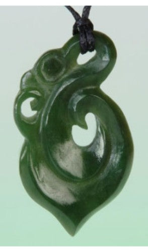 Jade Manaia Pendant: Hand-carved Nephrite Jade symbolizing protection, strung on an adjustable black wax cord.