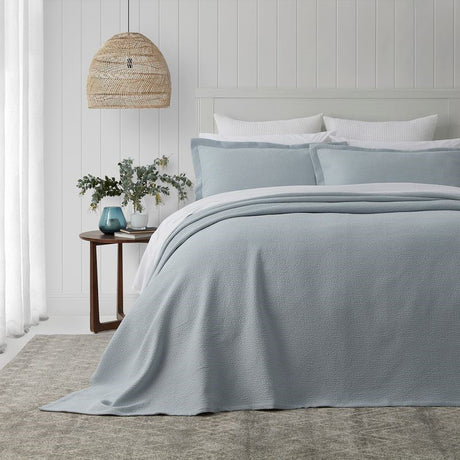 Elegant PORTO Duck Egg bedspread set by BAKSANA, featuring a textured finish and two Oxford pillowcases for a serene bedroom look.