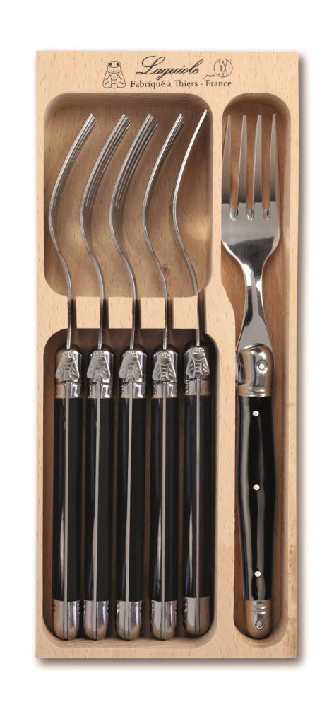 Set of 6 elegant black forks from Andre Verdier, crafted in France, featuring stainless steel and vibrant resin handles.