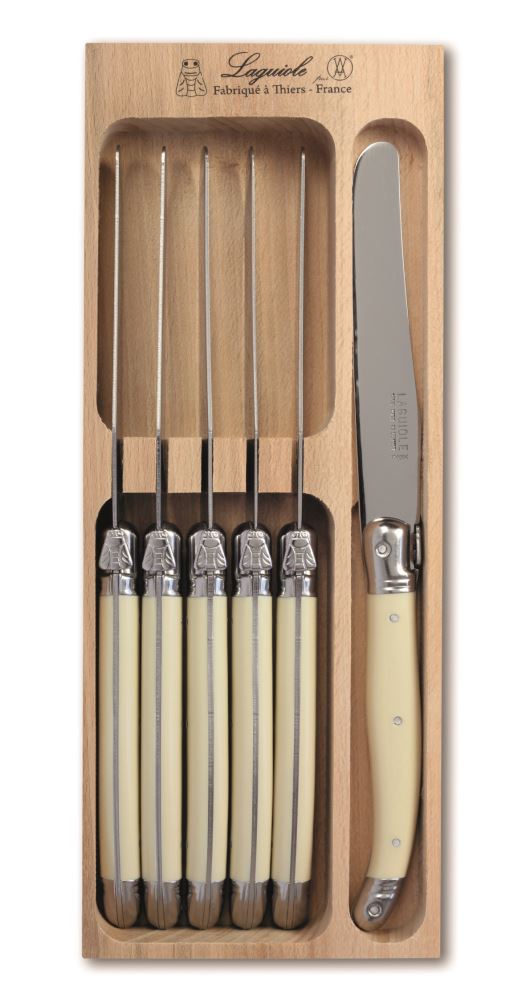 Set of 6 ivory table knives from Andre Verdier's Laguiole Debutant Range, featuring stainless steel blades and bee emblem.