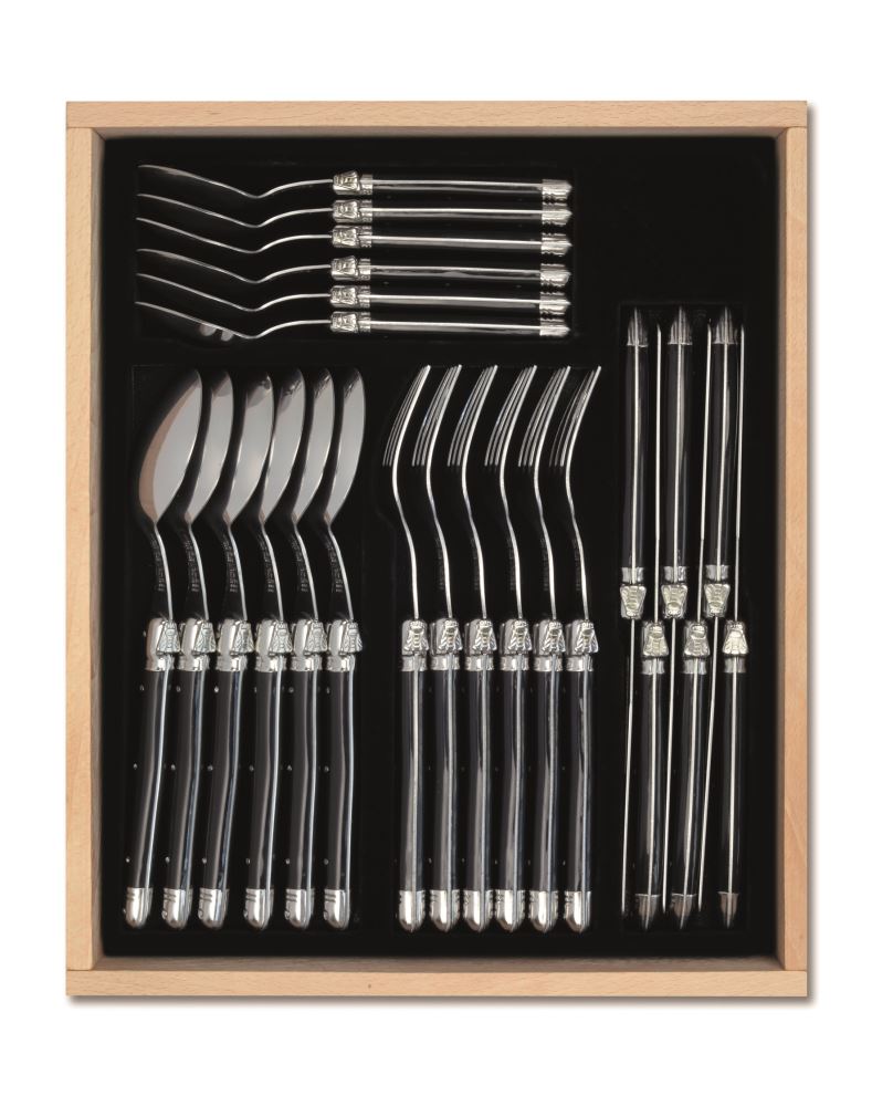 Elegant 24-piece black Laguiole cutlery set from Andre Verdier, crafted in France with ergonomic handles and stainless steel.