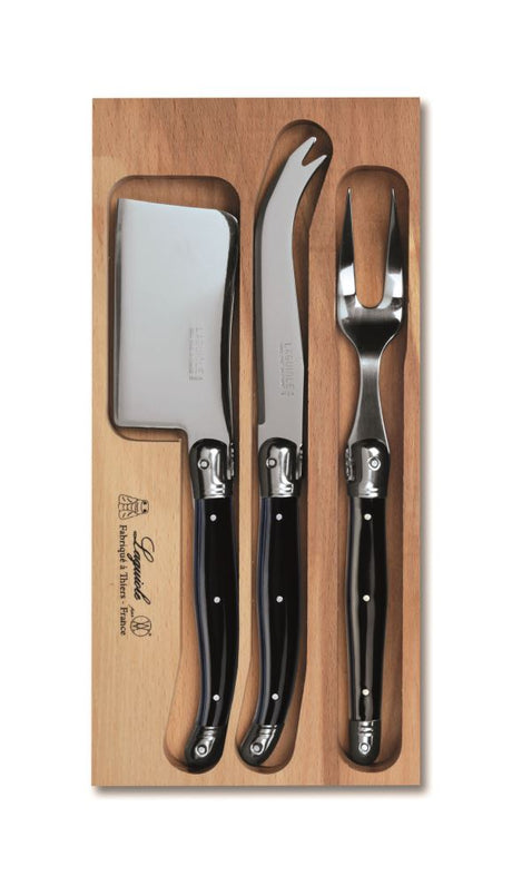 Elegant 3-piece cheese set by Andre Verdier, featuring stainless steel tools with black resin handles for stylish serving.