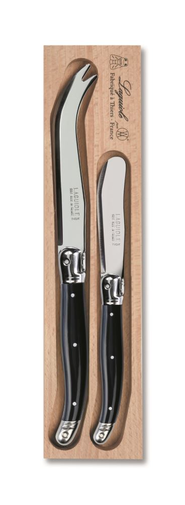 Two Piece Cheese Set in Black by Andre Verdier Laguiole, featuring stainless steel blades and vibrant resin handles.