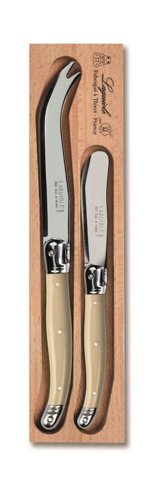 Elegant Two Piece Cheese Set in Ivory, featuring stainless steel blades and vibrant resin handles, perfect for cheese lovers.