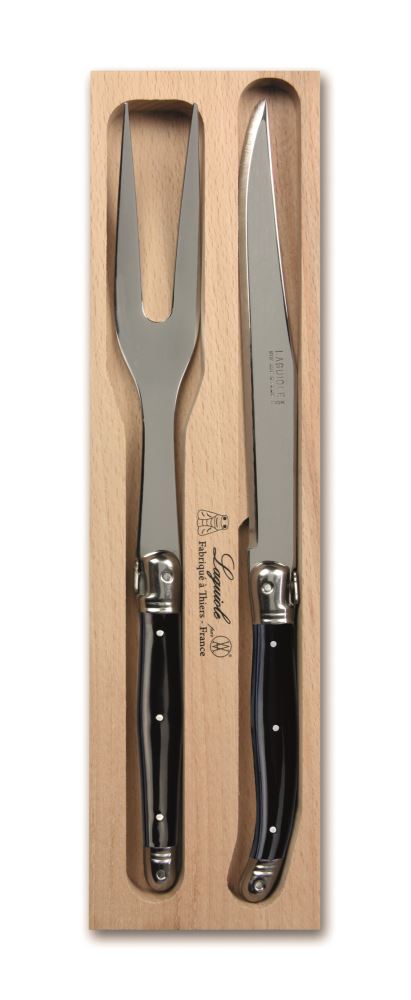 Elegant Andre Verdier Carving Set Black featuring stainless steel knife and fork with colored resin handles and Laguiole Bee emblem.