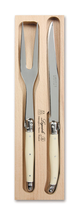 Elegant Andre Verdier Carving Set Ivory with stainless steel knife and fork, featuring luxurious ivory handles and Laguiole Bee emblem.