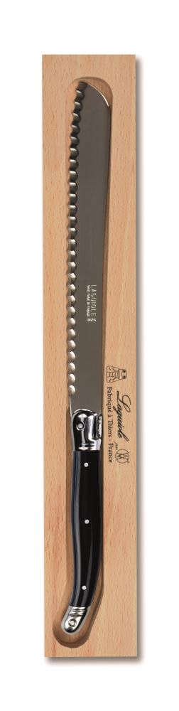 Andre Verdier Black Bread Knife with 18cm stainless steel blade and ergonomic resin handle, perfect for precise slicing.