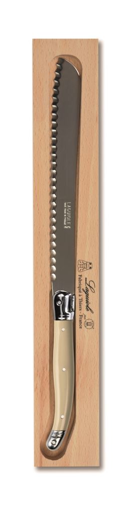 Elegant Andre Verdier Ivory Bread Knife with razor-sharp stainless steel blade and Laguiole design, perfect for effortless slicing.