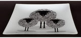 Ornamental glass plate featuring a cute sheep design, celebrating New Zealand's sheep culture, ideal for decor or gifting.