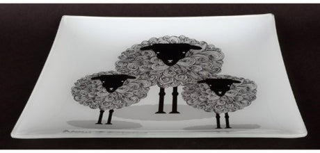 Ornamental glass plate featuring a cute sheep design, celebrating New Zealand's sheep culture, ideal for decor or gifting.
