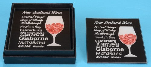 Elegant tempered glass coasters featuring New Zealand wine regions, perfect for wine lovers and home decor.