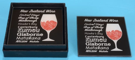 Elegant tempered glass coasters featuring New Zealand wine regions, perfect for wine lovers and home decor.