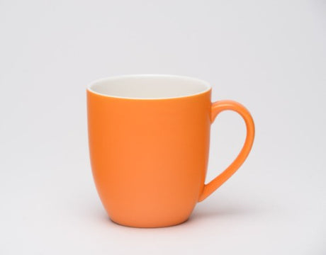 Set of 6 vibrant orange mugs, 380cc capacity, crafted from durable stoneware, inspired by traditional English porcelain.