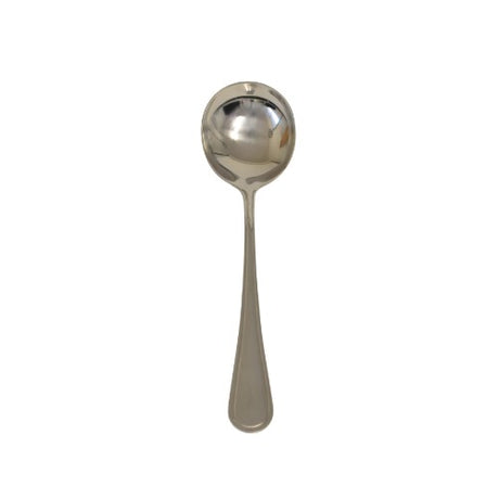 Set of 6 polished stainless steel soup spoons with comfortable grip, perfect for serving soups and stews.