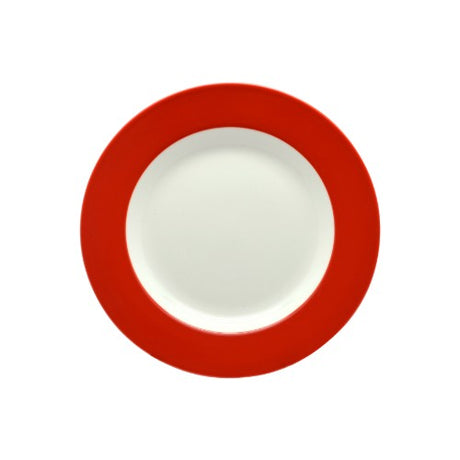 Set of 6 Rockingham New Bone red 20cm plates with elegant banded edges, perfect for stylish dining occasions.