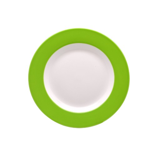 Set of 6 stylish vert green 20cm plates with round banded edge, made from durable new bone china, microwave and dishwasher safe.