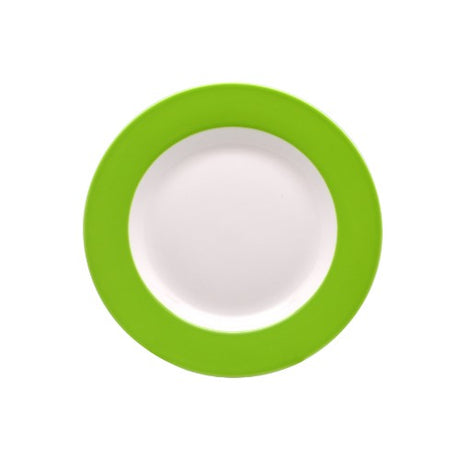 Set of 6 stylish vert green 20cm plates with round banded edge, made from durable new bone china, microwave and dishwasher safe.