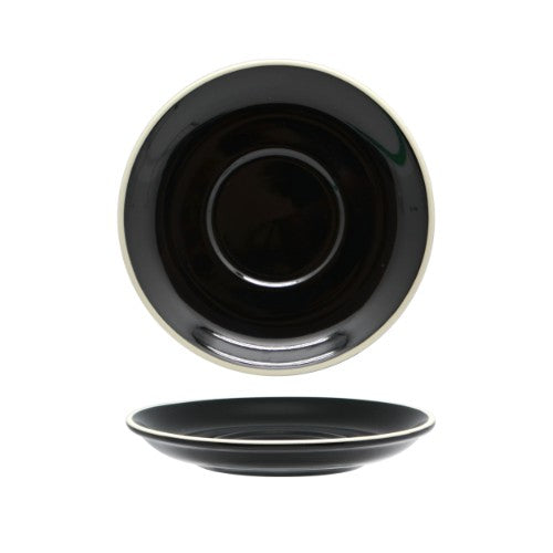 Set of 6 elegant Rockingham black cappuccino saucers in high-quality porcelain, perfect for stylish coffee serving.