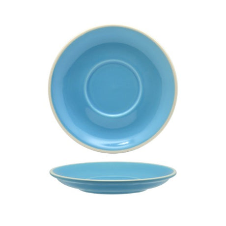 Set of 6 sky blue porcelain cappuccino saucers, perfect for elegant coffee moments and casual gatherings.