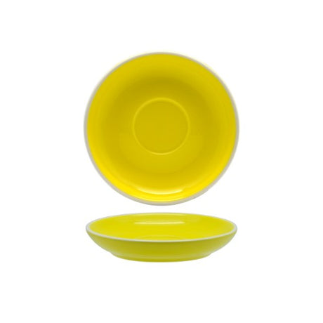 Set of 6 vibrant yellow porcelain espresso saucers, perfect for stylish coffee moments and enhancing dining aesthetics.