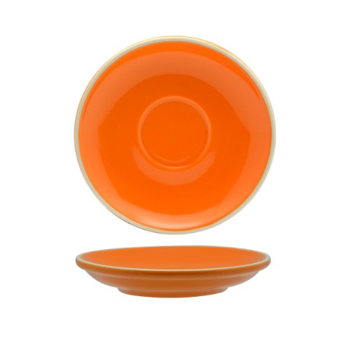 Set of 6 vibrant orange porcelain saucers for long blacks and flat whites, perfect for coffee lovers and elegant table settings.