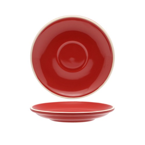 Set of 6 Rockingham Red saucers, elegant porcelain designed for long black and flat white coffee beverages.
