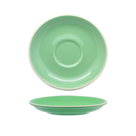 Set of 6 mint green saucers for long blacks and flat whites, crafted from durable porcelain with elegant 18th-century design.