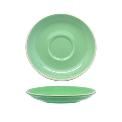 Set of 6 mint green saucers for long blacks and flat whites, crafted from durable porcelain with elegant 18th-century design.