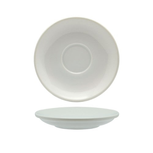 Set of 6 elegant white saucers designed for long black or flat white coffee, functional and dishwasher safe.