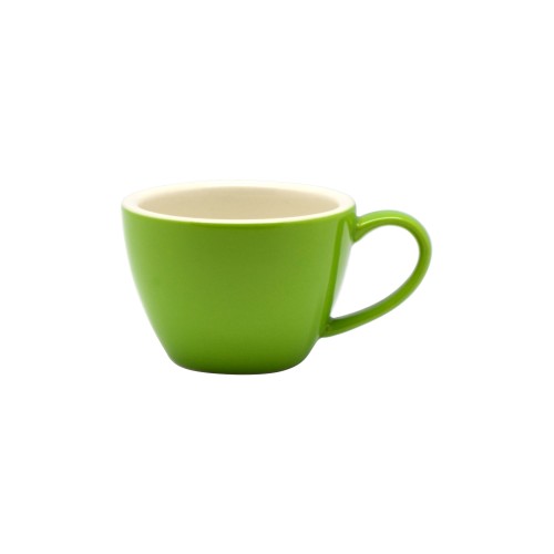 Set of six 170ml Rockingham Vert Green flat white/tea cups, combining traditional craftsmanship and modern design.