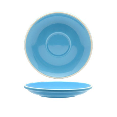 Set of 6 elegant sky blue porcelain saucers for long black or flat white coffee, perfect for stylish dining.