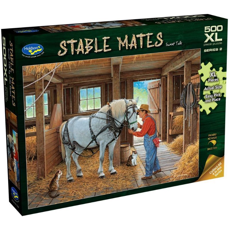 500-piece jigsaw puzzle featuring John Sloane's artistic scenes of Stable Mates, perfect for ages 8 and up.