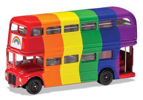 Diecast London Bus model in vibrant rainbow colors, capturing the charm of London's iconic double-decker buses.