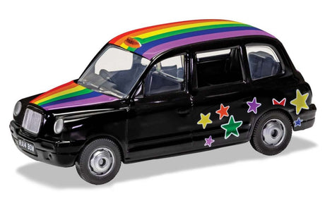 Vibrant diecast London taxi in rainbow colors, 1:36 scale collectible representing diversity and creativity.