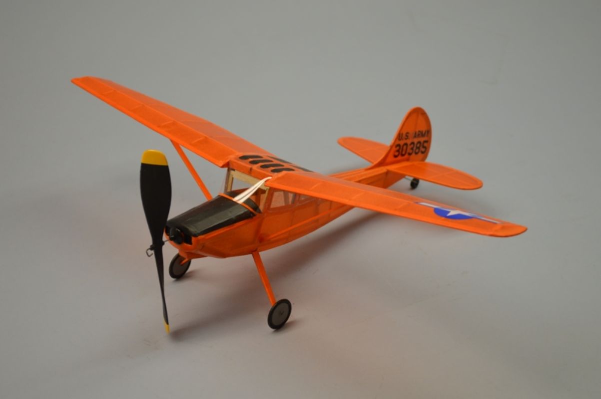 18-inch L-19 Bird Dog balsa glider model airplane, lightweight with laser-cut parts and customizable decals.