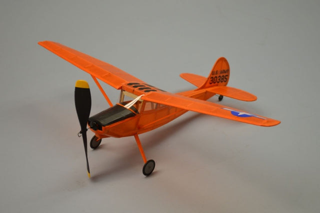 18-inch L-19 Bird Dog balsa glider model airplane, lightweight with laser-cut parts and customizable decals.