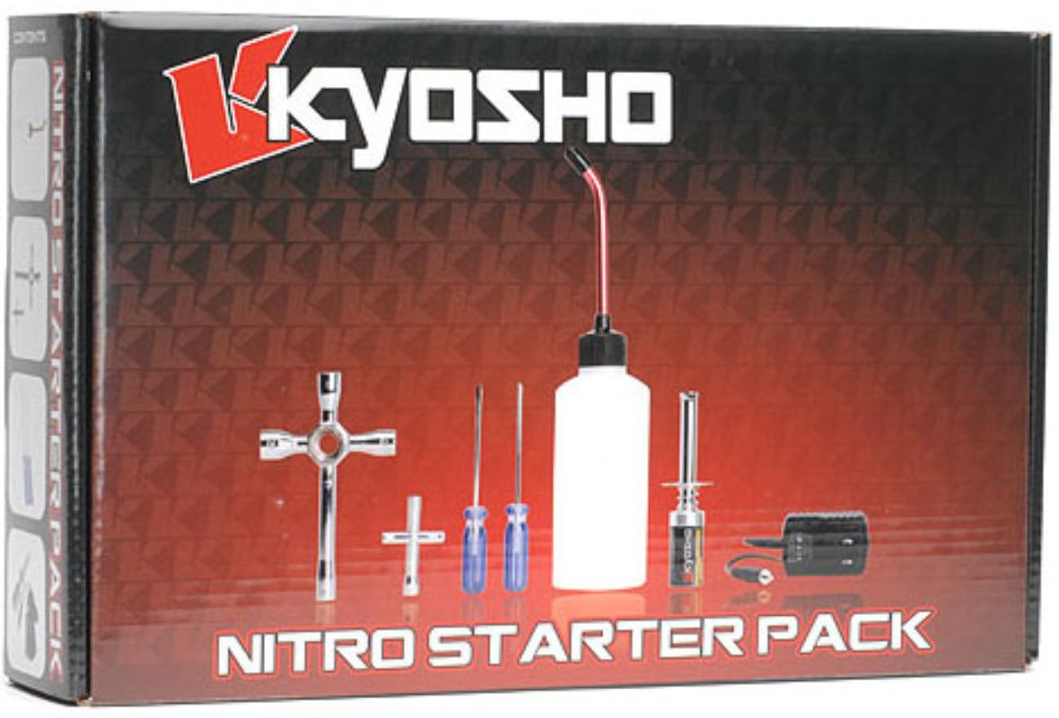 Kyosho Nitro Starter Kit featuring glow starter, fuel bottle, and essential tools for optimizing nitro RC vehicle performance.