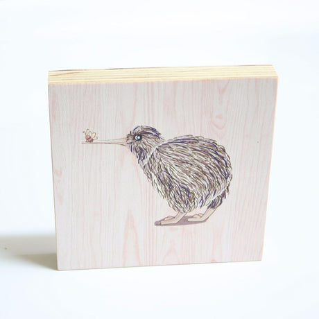 Kiwiana wall art block featuring a colorful Kiwi and Bee design, made from eco-friendly pine plywood, ready to hang.