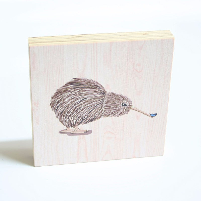 Kiwiana Wall Art - Plywood Art Block : Kiwi With Butterfly