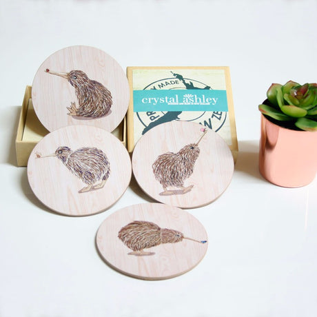 Set of four Kiwi coasters featuring intricate artwork, made of durable MDF with cork backing, ideal for home decor.