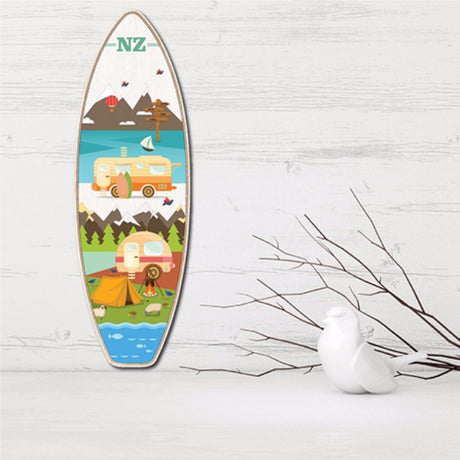 Kiwiana wall art featuring a vibrant surfboard design, made from eco-friendly pine plywood, ready to hang.