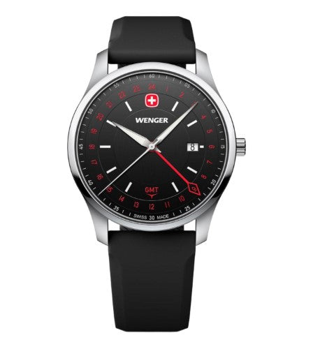 Men's Watch - WENGER CITY GMT 42mm Black Dial & Silicon Strap