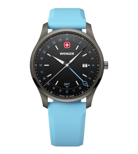 Men's Watch - WENGER CITY GMT 42mm Black Dial & Blue Silicon Strap