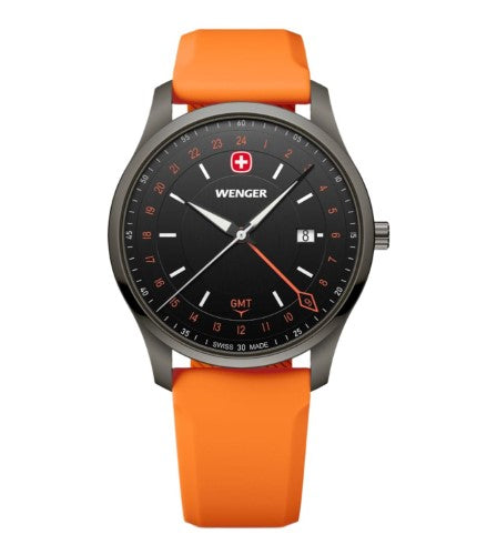 Men's Watch - WENGER CITY GMT 42mm Black Dial & Orange Silicon Strap