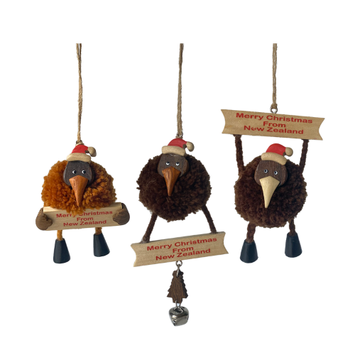 Wooden Christmas Pompom Kiwi Hanging Ornaments 36pc