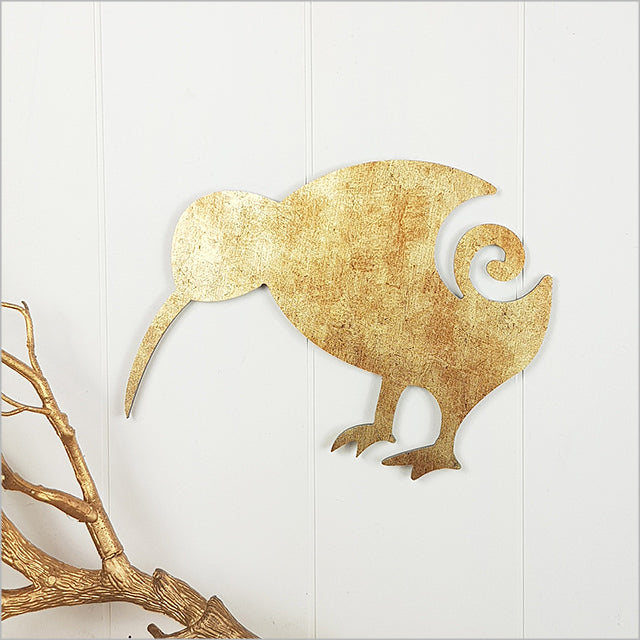 Antique gold textured wall art featuring Koru Kiwi birds, ideal for enhancing indoor and outdoor spaces.