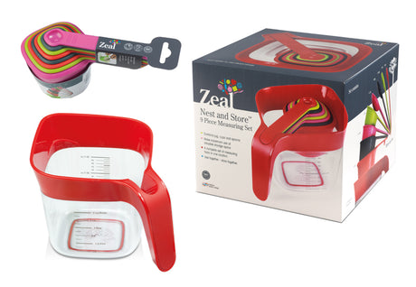 9-piece Zeal Measuring Set with stackable design, non-slip bases, and includes a 1-liter jug, cups, and spoons for precise measurements.