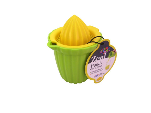 Zeal Citrus Juicer: ergonomic, two-piece design for effortless juicing, filters pips, and fits comfortably in hand.